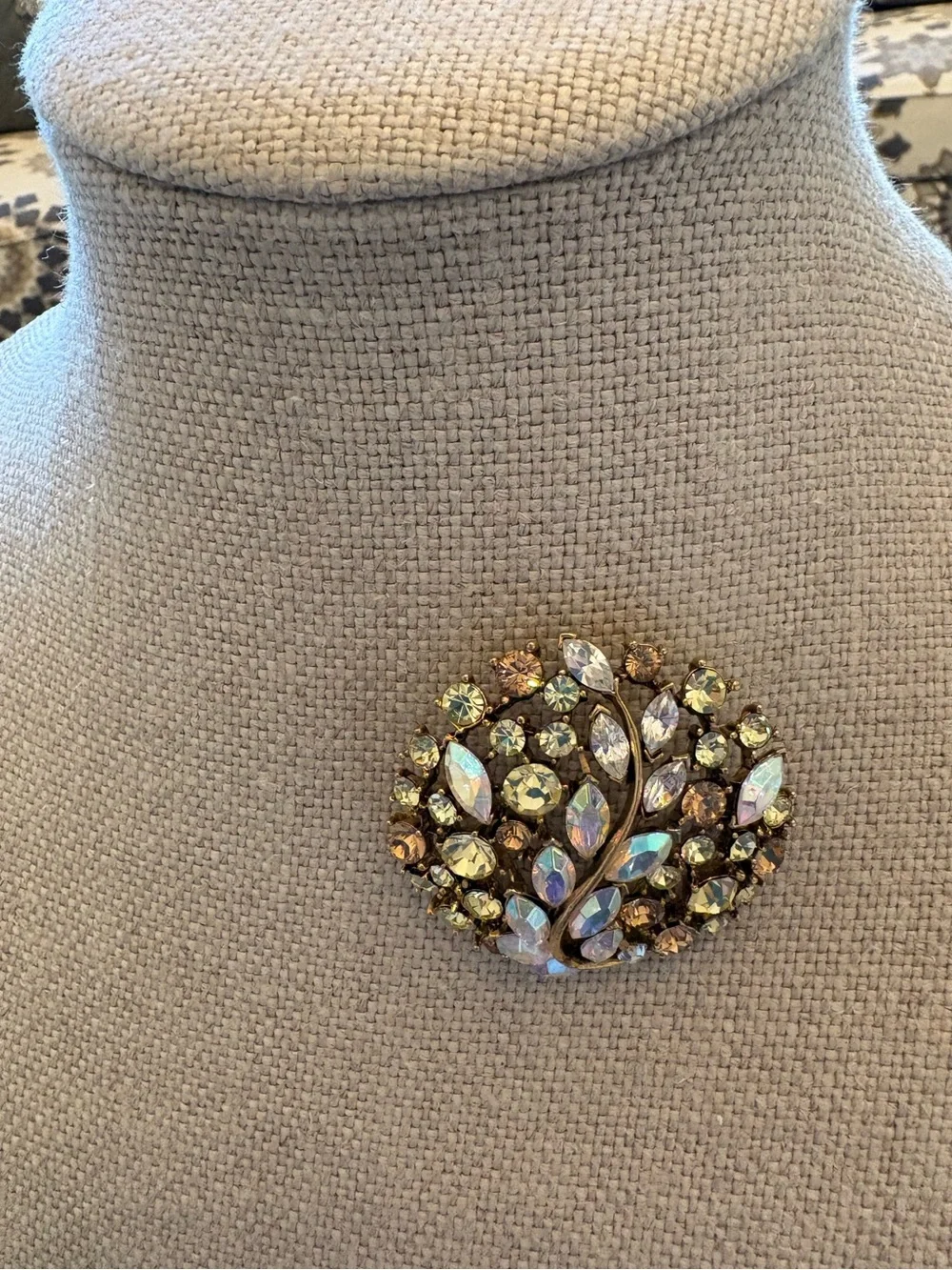Retro Aurora Borealis Crystal Tree Brooch Gold Tone